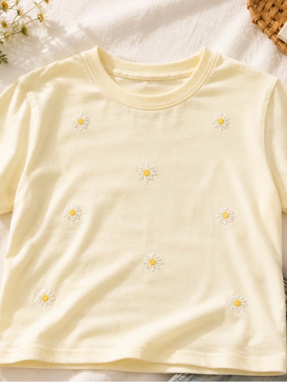 Cat & Jack Pale Yellow Daisy Embroidered Short Sleeve Tee